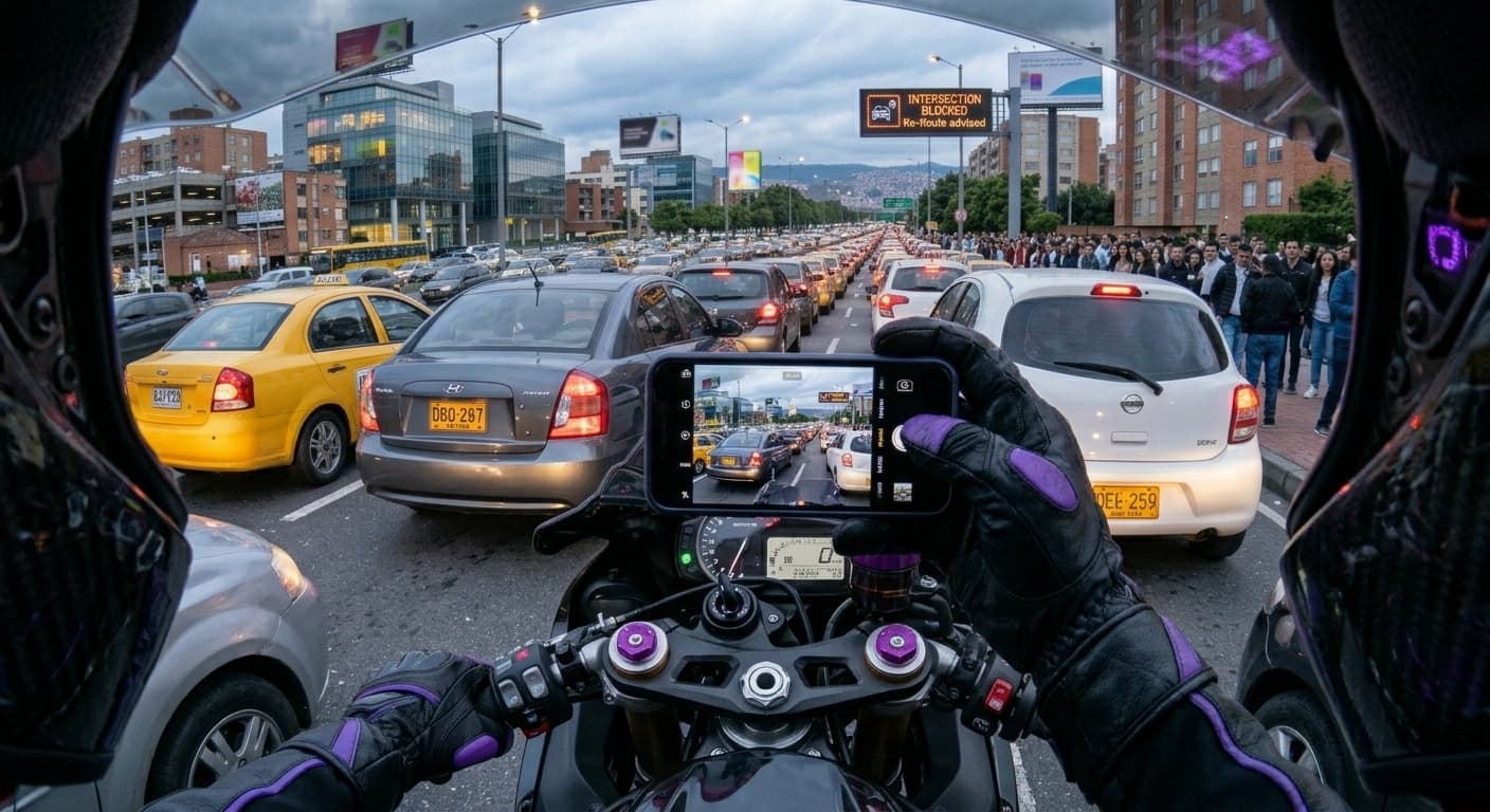 El personaje de CódigoTAI fotografiando un trancón largo en una avenida de Bogotá